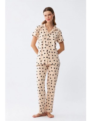Hace Bazaar Marsilyan- Kadın Krem Rengi Kalp Desenli Önden Düğmeli Pijama Takımı