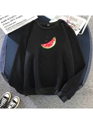 Tarzsokak Siyah Unisex Sonbahar Kapşonlu Karpuz Grafik Baskı Harajuku Öğrenci Kawaii Beyaz Büy
