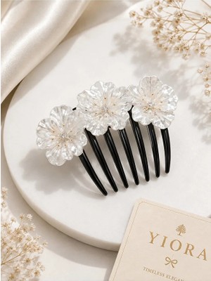 Yiora Elegance Premium Seri Beyaz Yaprak Kristal Boncuk Detaylı Siyah Gövde Tarak Toka 10 cm