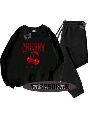 Tarzsokak Siyah Biskilet Cherry Detaylı Ikili Takım