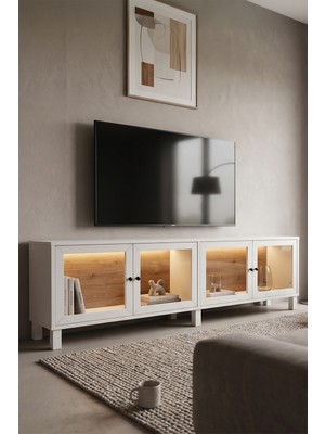 Robin Home Prime Temperli Cam Kapaklı Neon LED Işıklı Tv Ünitesi Tv Sehpası Vitrin Ahşap Ayaklı Sepet-Beyaz
