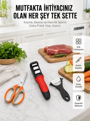 Mestore Profesyonel Mutfak Makas Seti –  Kesim Makası + Soyacak + Bileyici Yeni Nesil