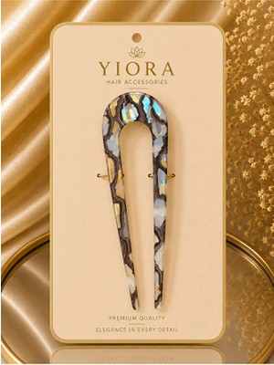 Yiora Kemik Lüks Asetat /hologramlı Fransız Handmade U Model Leopar Desen Topuz Tokası 14 cm