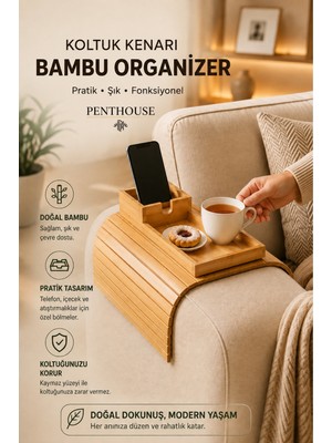 Penthouse Koltuk Kenarı Bambu Organizer 41X33 cm Katlanabilir Kaymaz Tabanlı Telefon Kumanda Içecek Düzenleyici