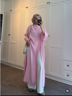 Trendparis Ön ve Arka Yırtmaçlı, Uzun Tensel Kumaş Tunik Açık Pembe
