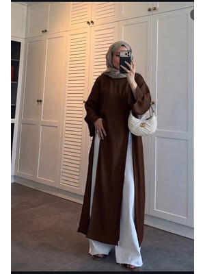 Trendparis Ön ve Arka Yırtmaçlı, Uzun Tensel Kumaş Tunik Kahverengi