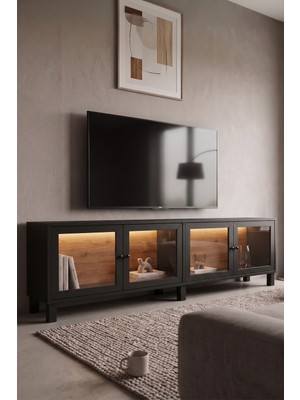 Robin Home Prime Temperli Cam Kapaklı Neon LED Işıklı Tv Ünitesi Tv Sehpası Vitrin Ahşap Ayaklı Sepet-Siyah