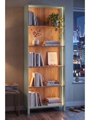 Robin Home Prime 5 Raflı Neon LED Işıklı Kitaplık Ahşap Ayaklı Sepet-Ihlamur Yeşili 183CM