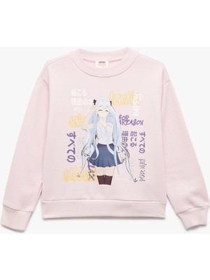 Koton Kız Çocuk Uzun Kollu Bisiklet Yaka Şardonlu Anime Baskılı Sweatshirt