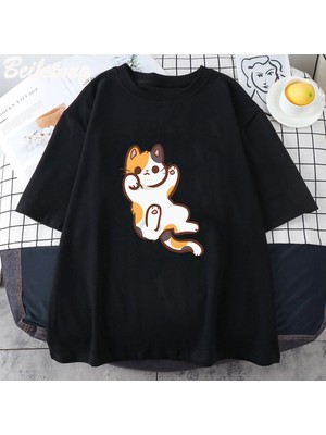 Tarzsokak Siyah Sevimli Patiska Kedi Grafik Yeni Yaz Tshirt Tee Harajuku Estetik Pembe Üst