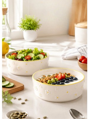 Evanilife 2'li Papatya Model El Yapımı Orta Boy Seramik Salata Kasesi - Diyet Bowl
