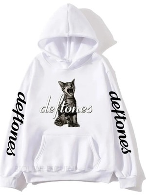 Tarzsokak Beyaz Unisex Sıcak Satış Deftones Kedi Siyah Grafik Baskılı Kapüşonlu Rap Metal Bant