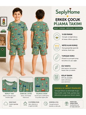 Seply Home Erkek Çocuk %100 Pamuk Araba ve Trafik Desenli Kısa Kollu Şortlu Pijama Takımı