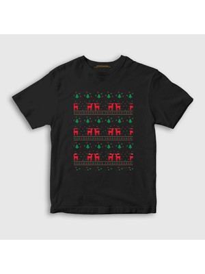 Presmono Unisex Çocuk Siyah Deers Geyikler V2 Yılbaşı T-Shirt