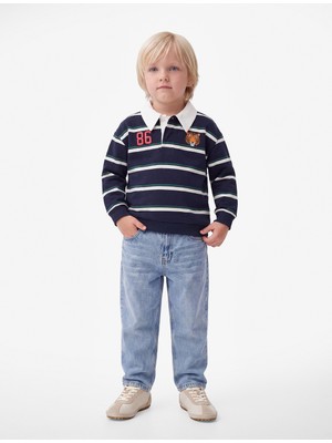 Koton Kaplan Baskılı Uzun Kollu Çizgili Polo Yaka Sweatshirt