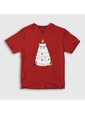 Presmono Unisex Çocuk Kırmızı Huysuz Kedi Yılbaşı T-Shirt