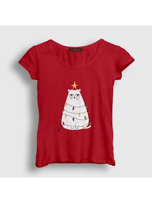Presmono Kadın Kırmızı Huysuz Kedi Yılbaşı T-Shirt