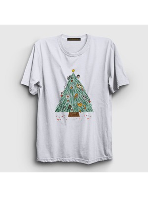 Presmono Unisex Beyaz Kedili Çam Ağacı Yılbaşı T-Shirt