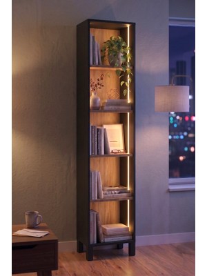 Robin Home Prime 5 Raflı Neon LED Işıklı Dar Alan Kitaplık Ahşap Ayaklı Sepet-Siyah 183CM