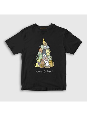 Presmono Unisex Çocuk Siyah Merry Catmas Kediler Yılbaşı T-Shirt