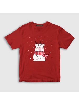 Presmono Unisex Çocuk Kırmızı Polar Bear Kutup Ayısı Yılbaşı T-Shirt