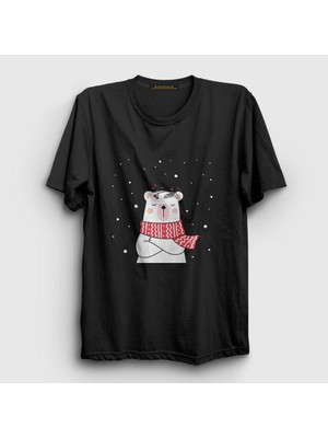 Presmono Unisex Siyah Polar Bear Kutup Ayısı Yılbaşı T-Shirt