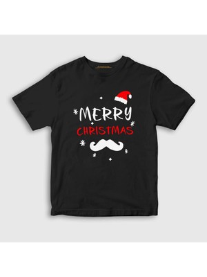 Presmono Unisex Çocuk Siyah Mustache Merry Christmas Yılbaşı T-Shirt