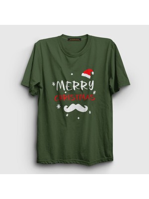 Presmono Unisex Haki Mustache Merry Christmas Yılbaşı T-Shirt