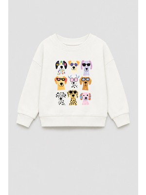 Monila Kız Çocuk 3 Iplik Kumaş Pamuklu Köpek Baskılı Sweatshirt