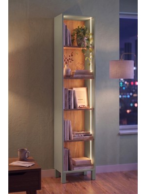 Robin Home Prime 5 Raflı Neon LED Işıklı Dar Alan Kitaplık Ahşap Ayaklı Sepet-Ihlamur Yeşili 183CM