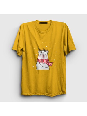 Presmono Unisex Sarı Polar Bear Kutup Ayısı Yılbaşı T-Shirt