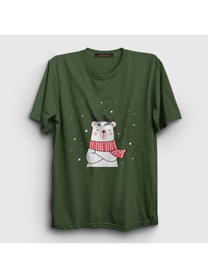 Presmono Unisex Haki Polar Bear Kutup Ayısı Yılbaşı T-Shirt