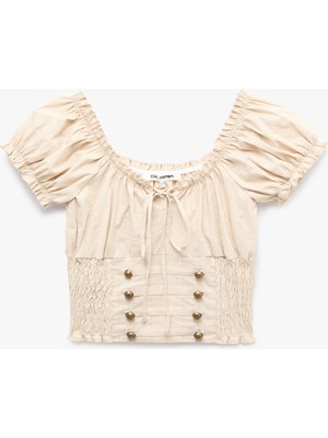 Koton Gipeli Düğme Detaylı Slim Fit Kayık Yaka Balon Kollu Poplin Crop Bluz