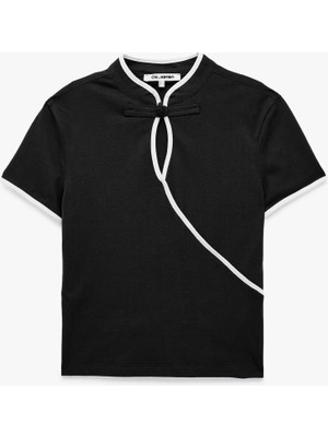 Koton Biyeli Slim Fit Damla Pencere Detaylı Mandarin Qipao Yaka Kısa Kollu Tişört