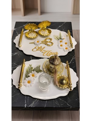 Cyz Home Oval Papatya Model Söz Nişan Tepsisi Kız Isteme Tepsisi Damat Kahve Tepsisi