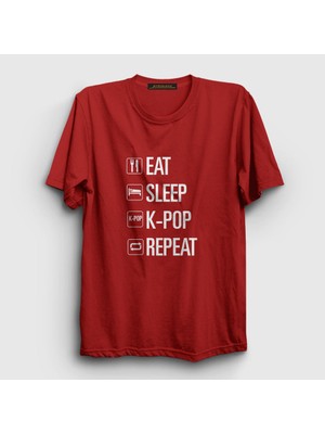Presmono Unisex Kırmızı Eat Sleep Repeat K-Pop T-Shirt