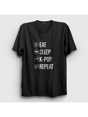 Presmono Unisex Siyah Eat Sleep Repeat K-Pop T-Shirt