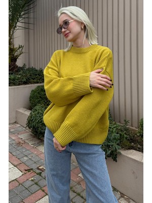 Madmext Yağ Yeşili Bisiklet Yaka Oversize Triko Kazak MG1972