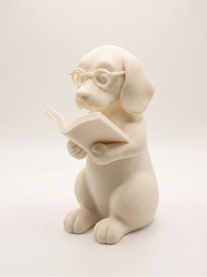 Yakamoz Atölye Kitap Okuyan Köpek Biblo 3D Baskı Dekoratif Masa ve Kitaplık Aksesuarı Kırık Beyaz