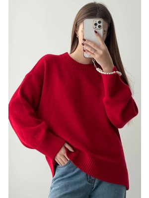 Madmext Kadın Kırmızı Oversize Triko Kazak Fermuarlı Yaka Günlük Stil MG1972