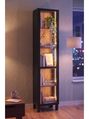 Robin Home Prime Temperli Cam Kapaklı Neon LED Işıklı Dar Alan Vitrin Büfe Kitaplık Ahşap Ayaklı 5 Raflı Sepet-Siyah 183CM