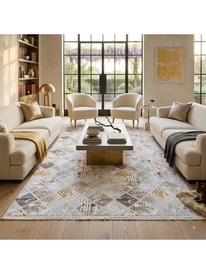Woomino Modern Saçaklı Geometrik Mozaik Desenli Kaymaz Jel Taban Halı