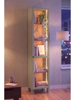 Robin Home Prime Temperli Cam Kapaklı Neon LED Işıklı Dar Alan Vitrin Büfe Kitaplık Ahşap Ayaklı 5 Raflı Sepet-Ihlamur Yeşili 183CM