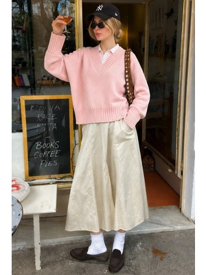 Pembe V Yaka Oversize Kadın Triko Kazak MG2149