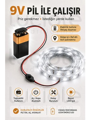 Luciole 4 Metre Beyaz 9V Pilli Anahtarlı Şerit LED Set Pil Dahil Prizsiz Yapışkanlı Dolap Raf Işığı