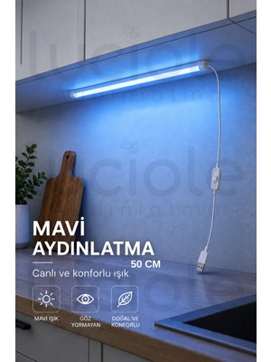 Luciole Mavi LED Aydınlatma 50 cm USB 5V Yapışkanlı Anahtarlı Bilgisayar Masa Dolap Vitrin Raf Lambası