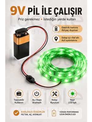 Luciole 2 Metre Yeşil 9V Pilli Anahtarlı Şerit LED Set Pil Dahil Prizsiz Yapışkanlı Dolap Raf Işığı