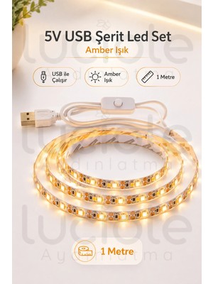 Luciole 1 Metre 5V USB Amber Şerit LED Aç Kapa Anahtarlı Mutfak Tv Arkası Masa Kamp Dekoratif Işık