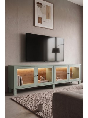 Robin Home Prime Temperli Cam Kapaklı Neon LED Işıklı Tv Ünitesi Tv Sehpası Vitrin Ahşap Ayaklı Sepet-Ihlamur Yeşili