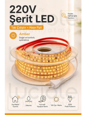 Luciole 2 Metre 220V Amber Şerit LED Hazır Fişli Tak Çalıştır Silikonlu Yapışkanlı Dış Mekan